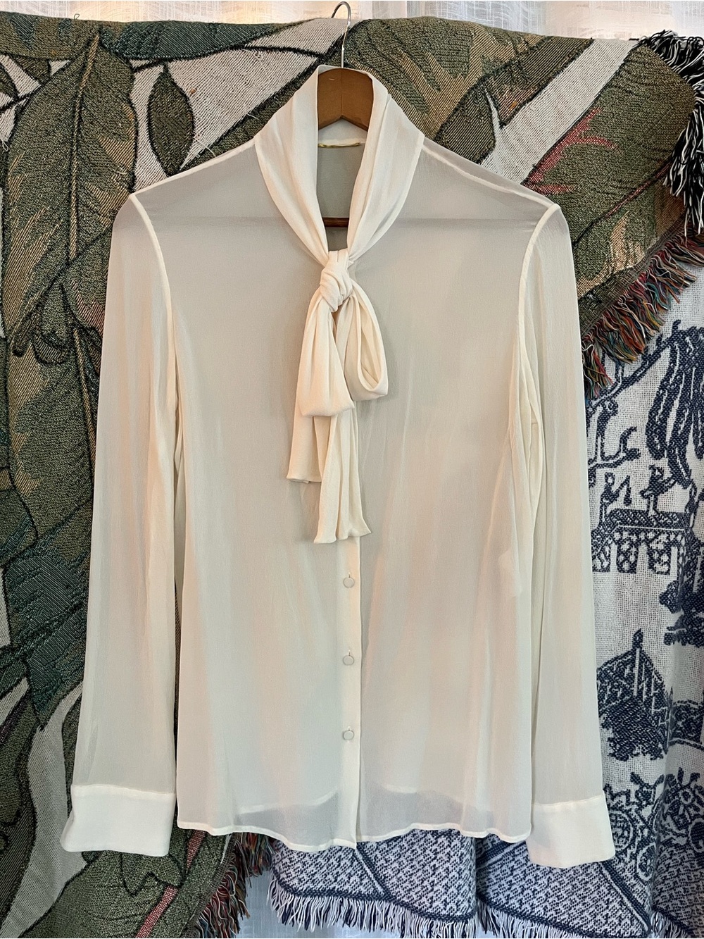Saint Laurent Ivory Tie-Neck Sheer Blouse